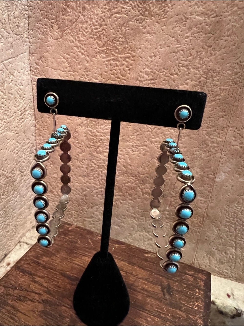 Vtg Zuni Turquoise Sterling Silver Snake Eye Square Hoop Dangle Earrings 925